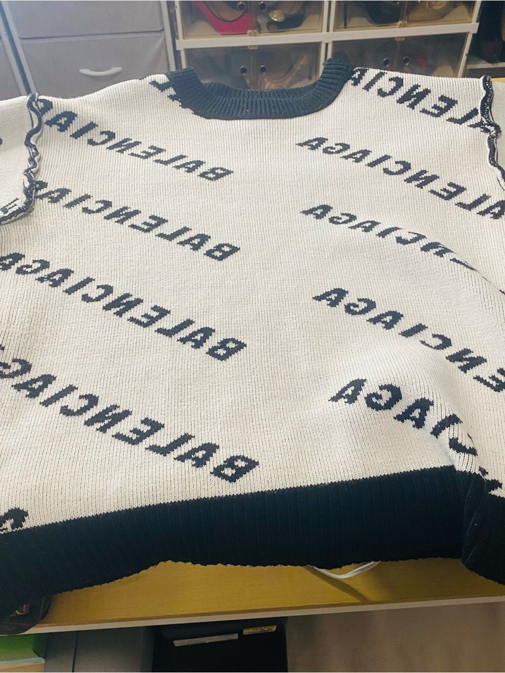 🛍️Balenciaga Black Crewneck Sweater with White All-Over Logo - Picture 9 of 14